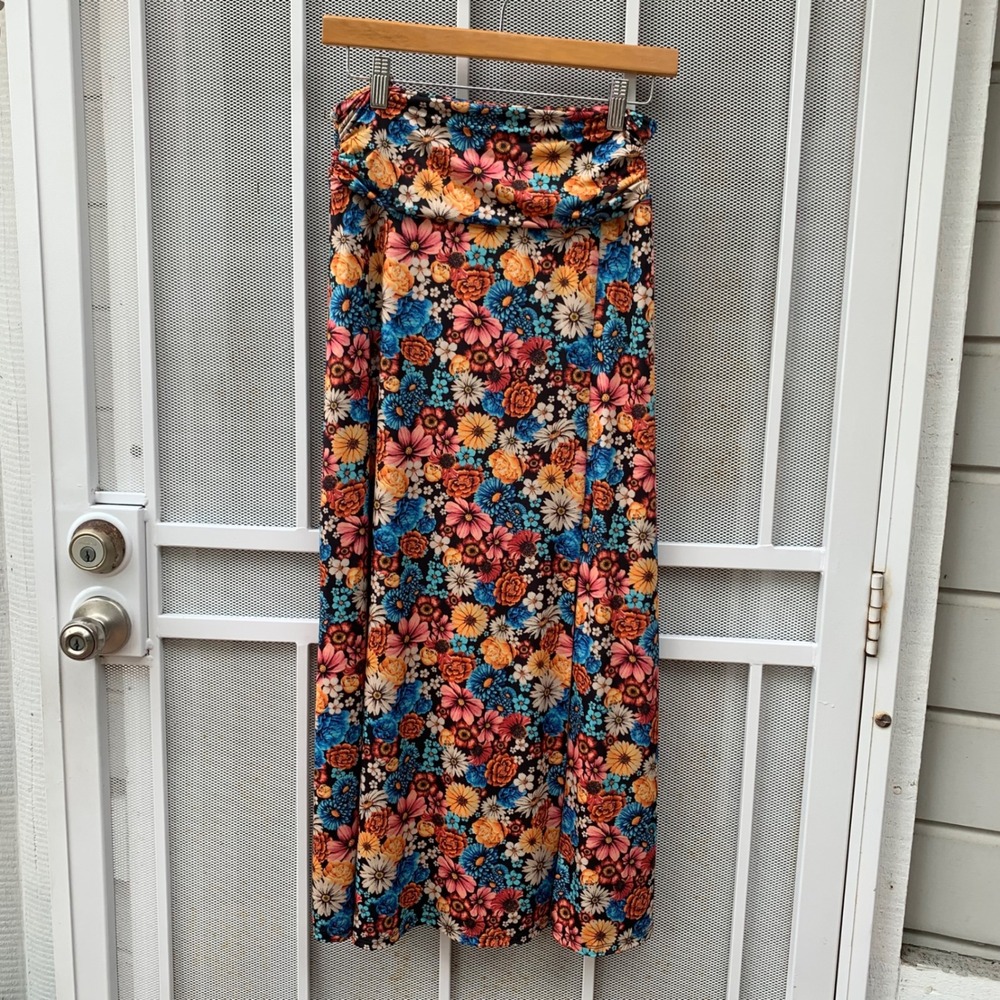 Floral Print Skirt High Waist Slit Hem Midi‎ Colorful Flowers  Womens - Picture 2 of 9